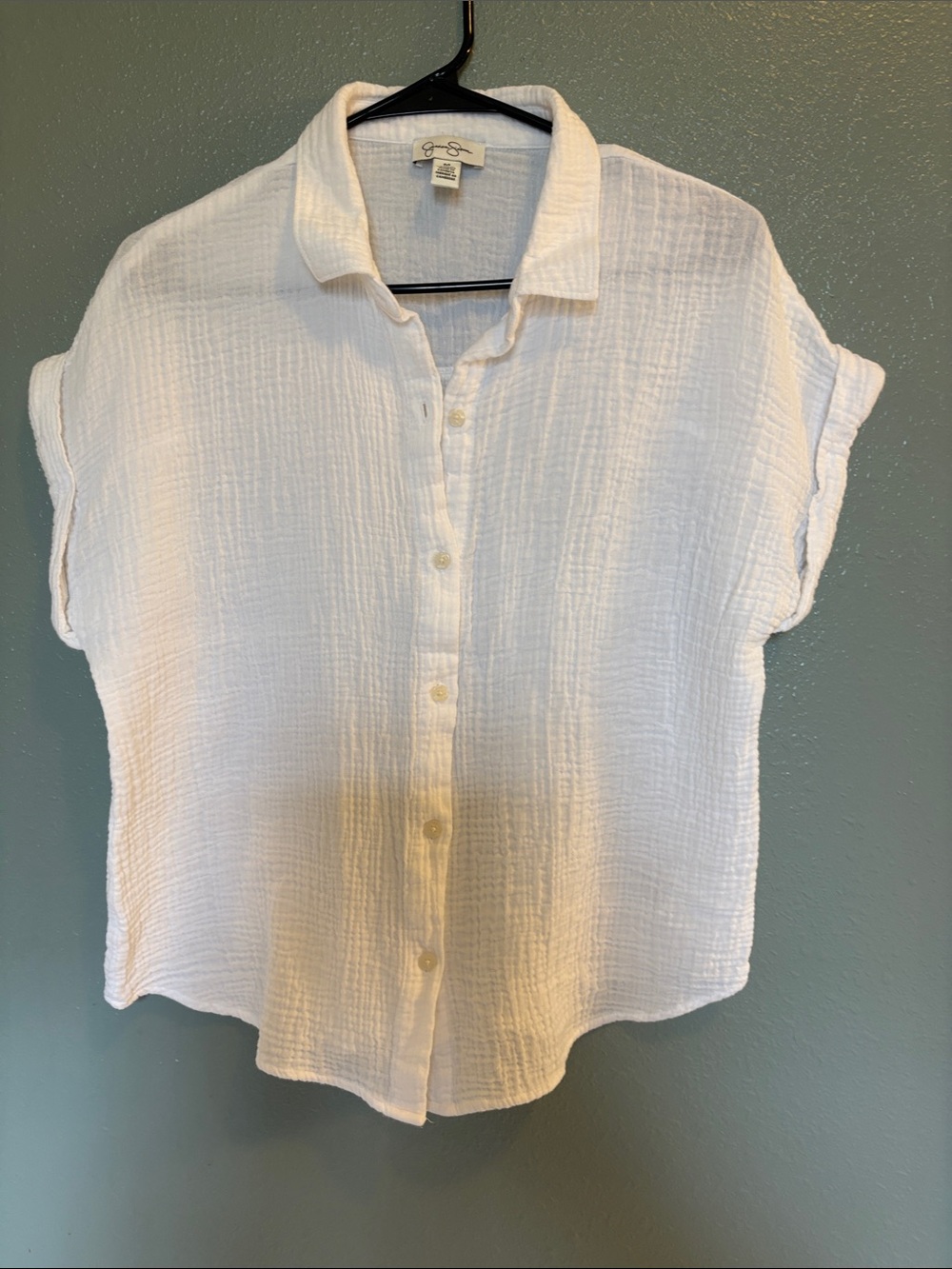 Jessica Simpson White Short-Sleeve Button-Down Gauze Shirt | M| - Picture 3 of 6